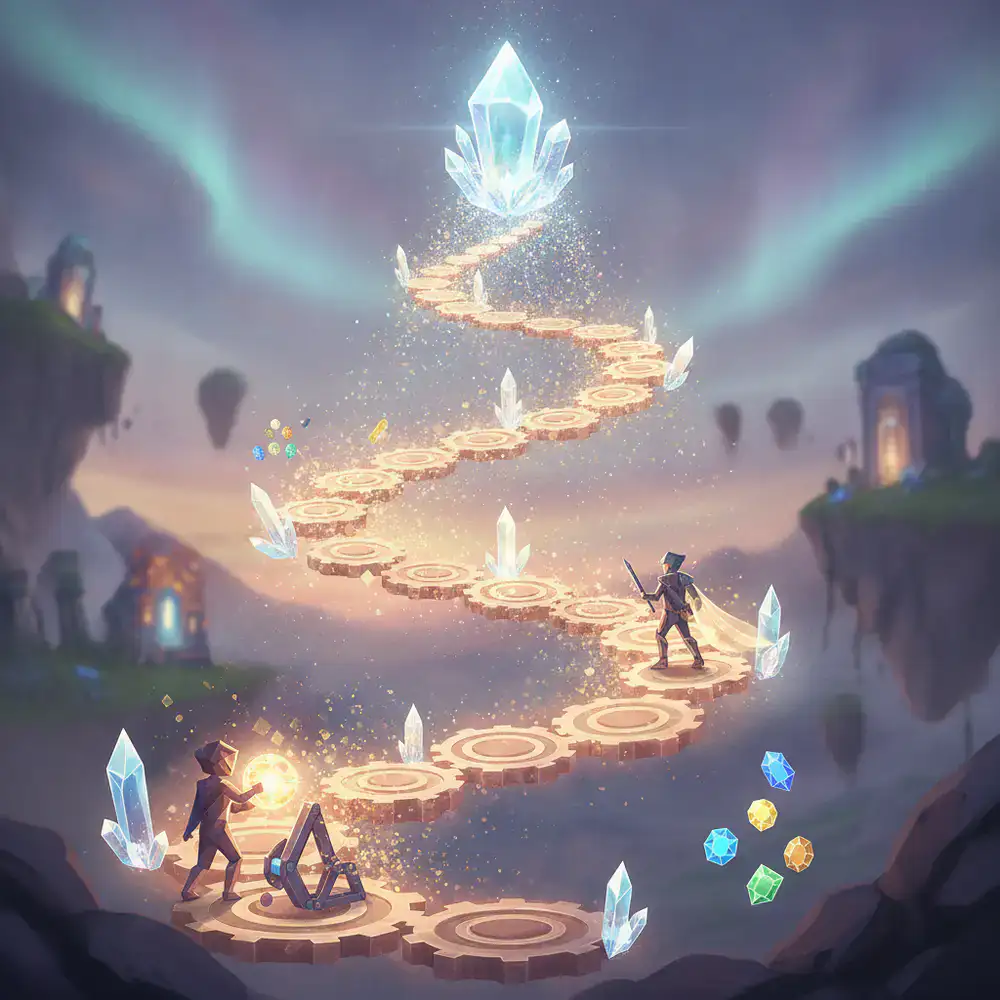 Conceptual illustration of game progression loops and satisfying feedback mechanics