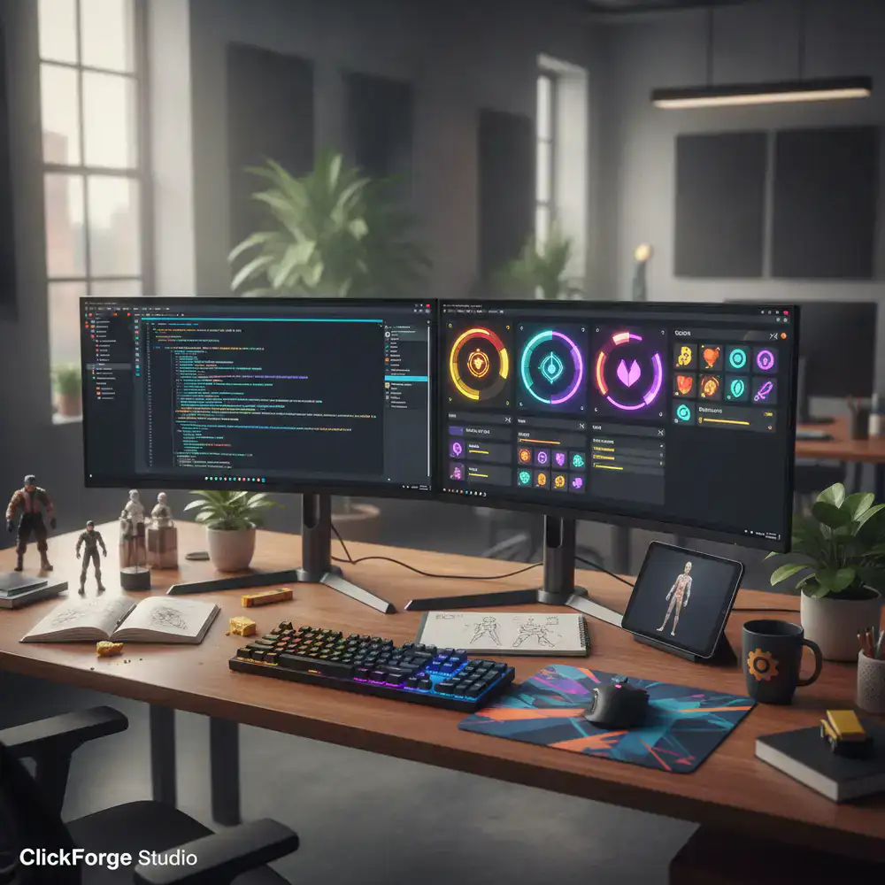 ClickForge Studio developer workspace with code and game UI prototypes