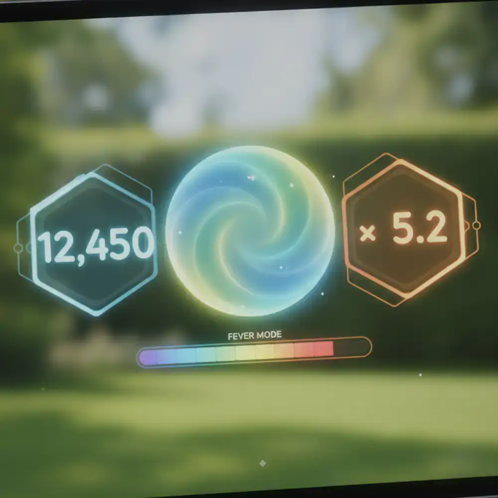 Game UI displaying central tapping mechanism, points, and multipliers
